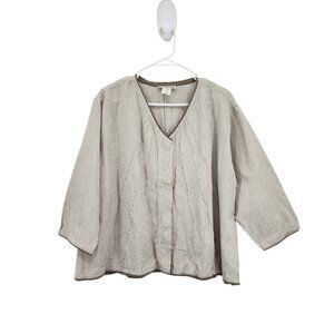 Tribe Vintage Women's Hemp Blend Peasant Style Pinstripes Loose V-neck Top - M